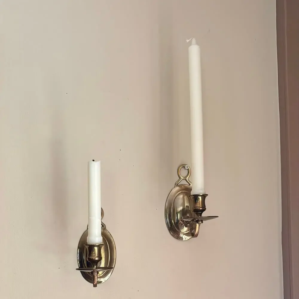 Vintage Brass Oval Backplate Candle Sconces w/ Elegant Scroll Arms Set of 2